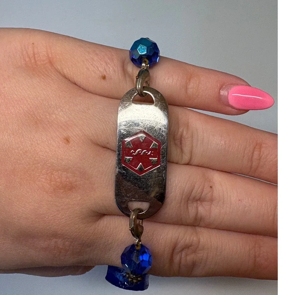 Heart Patient Medical Alert Bracelet‎ Blue Glass Beaded Lampwork Floral ID